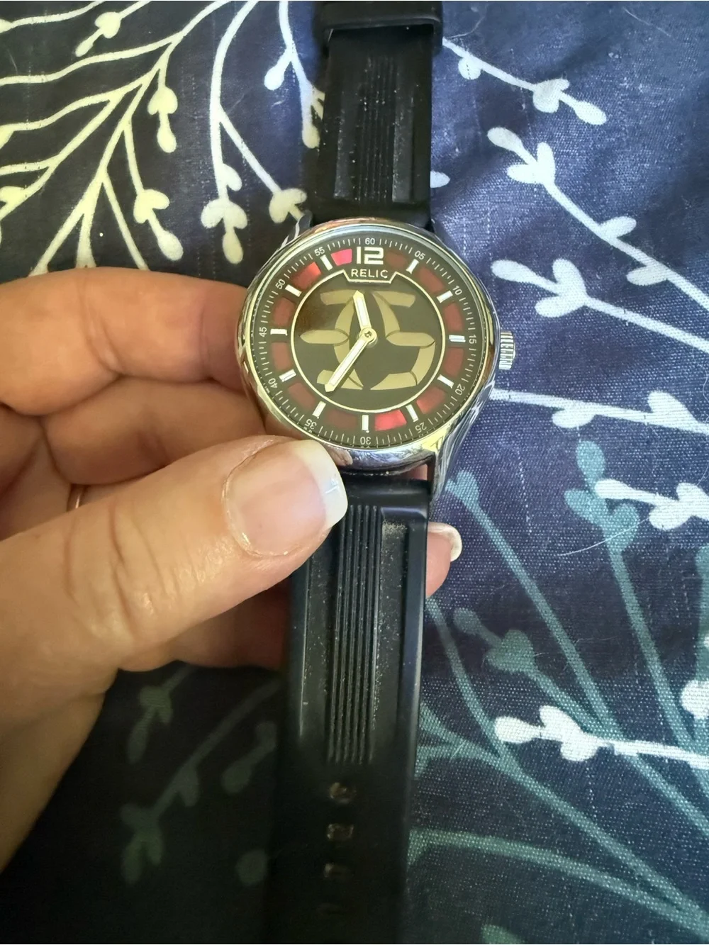 Relic Black Dial Watch with Red Accent Ring